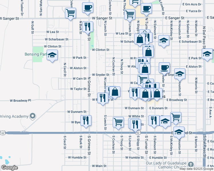 map of restaurants, bars, coffee shops, grocery stores, and more near 506 West Cain Street in Hobbs