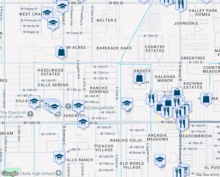 map of restaurants, bars, coffee shops, grocery stores, and more near 3371 West 13th Place in Yuma