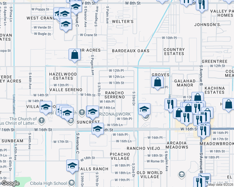 map of restaurants, bars, coffee shops, grocery stores, and more near 3511 West 13th Place in Yuma