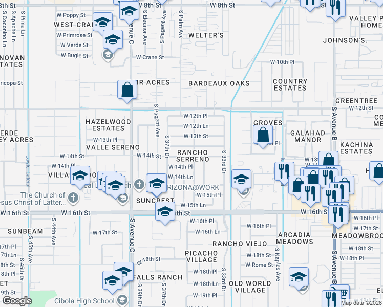 map of restaurants, bars, coffee shops, grocery stores, and more near in Yuma