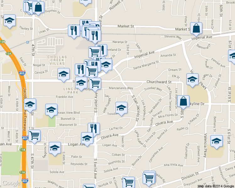 map of restaurants, bars, coffee shops, grocery stores, and more near 5211 Manzanares Way in San Diego
