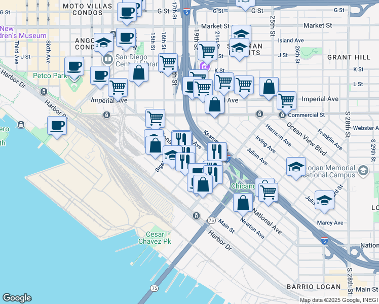 map of restaurants, bars, coffee shops, grocery stores, and more near 1747 Logan Avenue in San Diego