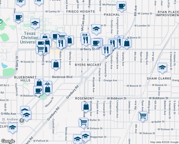 map of restaurants, bars, coffee shops, grocery stores, and more near 2329 Benbrook Boulevard in Fort Worth