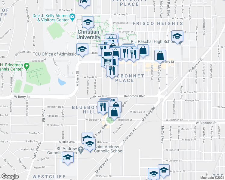 map of restaurants, bars, coffee shops, grocery stores, and more near 3228 South University Drive in Fort Worth