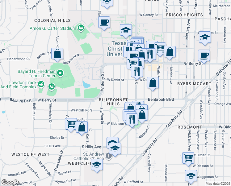 map of restaurants, bars, coffee shops, grocery stores, and more near 3235 Odessa Avenue in Fort Worth