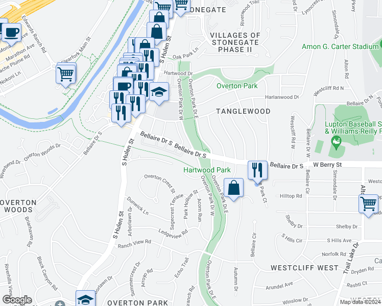 map of restaurants, bars, coffee shops, grocery stores, and more near 3206 Overton Park Drive West in Fort Worth