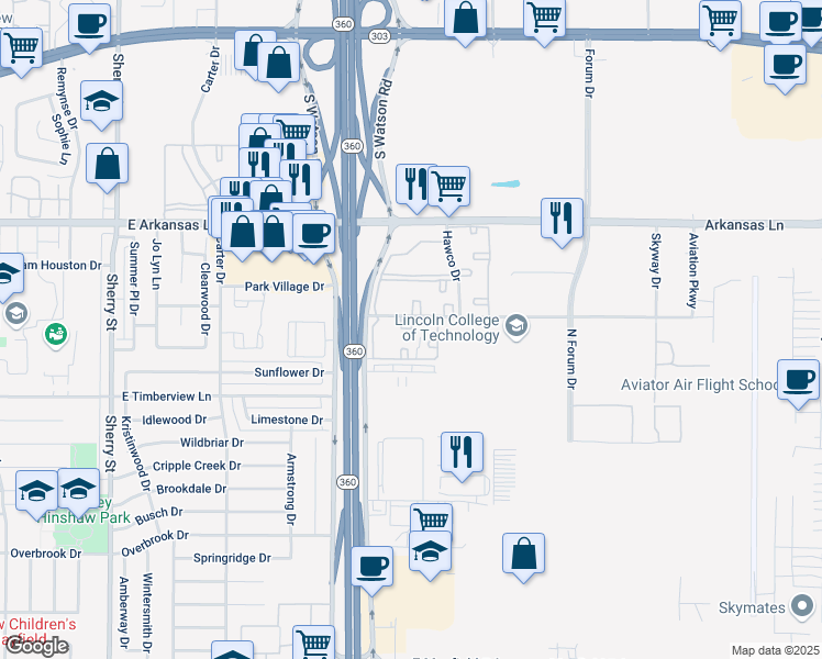 map of restaurants, bars, coffee shops, grocery stores, and more near Clayton Point Apartment in Grand Prairie