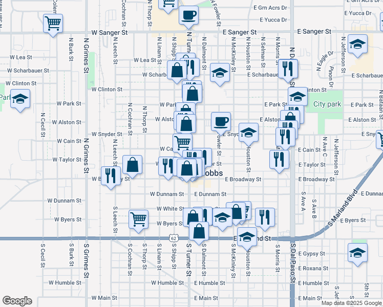 map of restaurants, bars, coffee shops, grocery stores, and more near in Hobbs