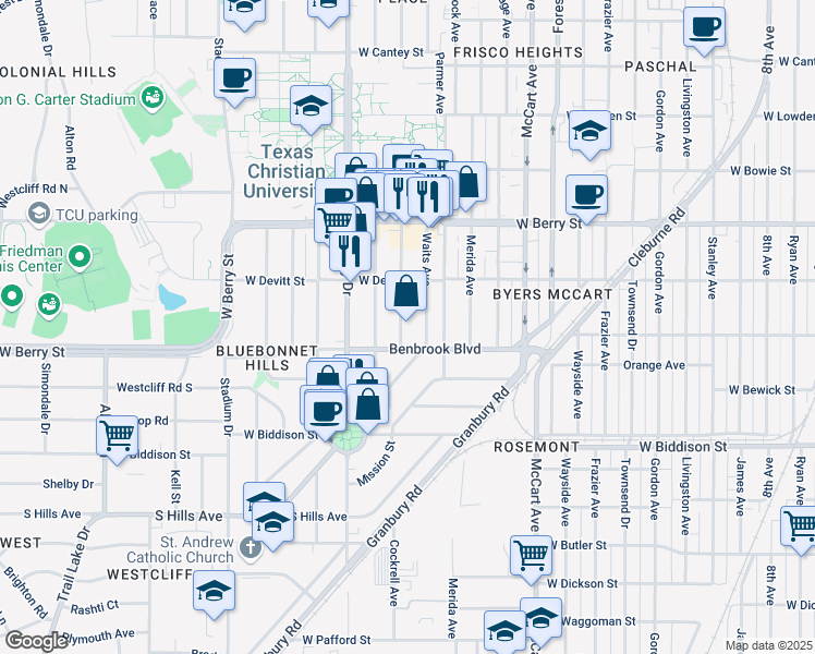 map of restaurants, bars, coffee shops, grocery stores, and more near 3241 Greene Avenue in Fort Worth