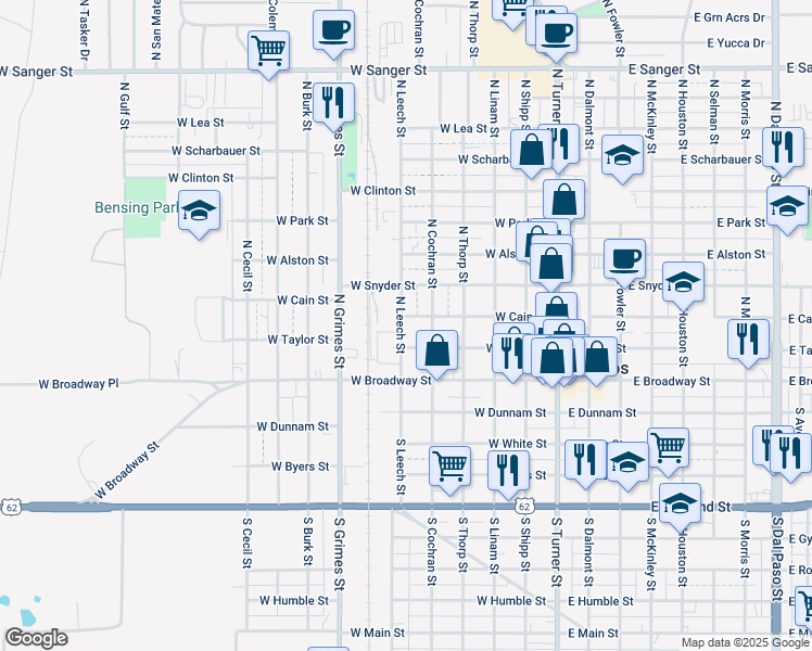 map of restaurants, bars, coffee shops, grocery stores, and more near 214 North Leech Street in Hobbs