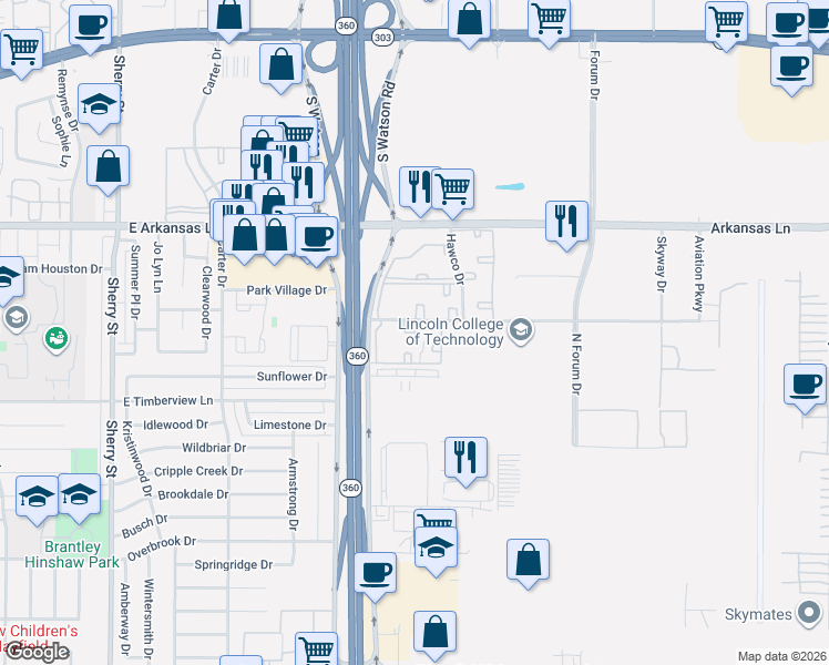 map of restaurants, bars, coffee shops, grocery stores, and more near Clayton Point Apartment in Grand Prairie