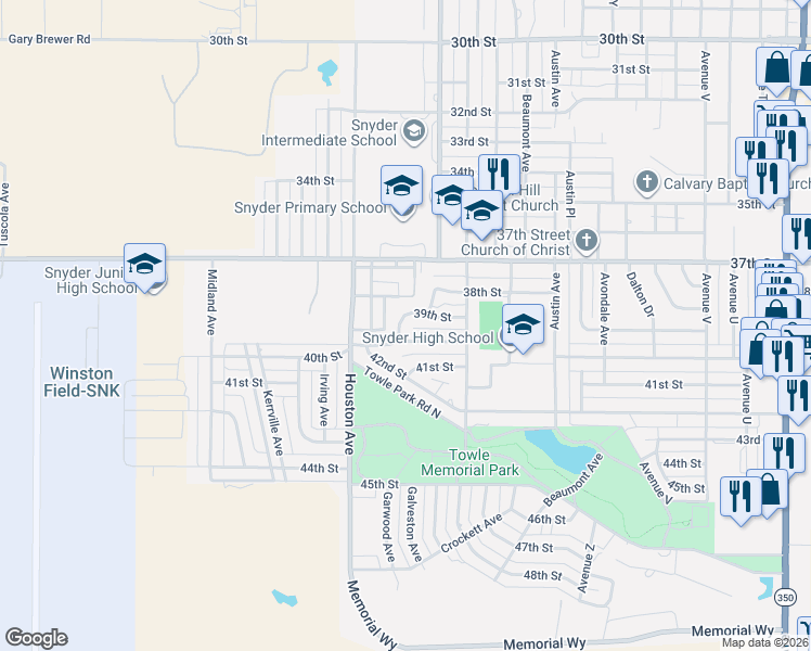 map of restaurants, bars, coffee shops, grocery stores, and more near 3100-3198 39th Street in Snyder