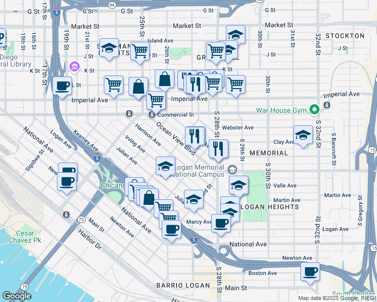 map of restaurants, bars, coffee shops, grocery stores, and more near 2156 Ocean View Boulevard in San Diego