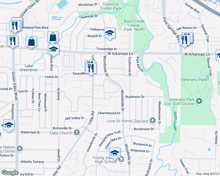 map of restaurants, bars, coffee shops, grocery stores, and more near 2500 Woodside Drive in Arlington