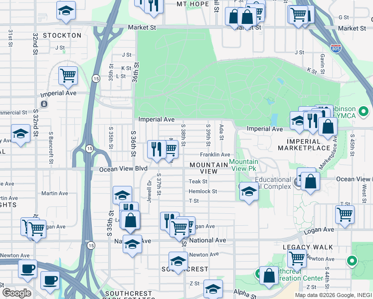 map of restaurants, bars, coffee shops, grocery stores, and more near 327 South 38th Street in San Diego