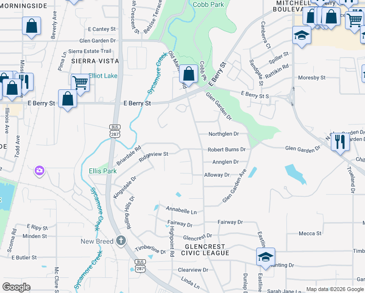 map of restaurants, bars, coffee shops, grocery stores, and more near 2301 Ridgeview Street in Fort Worth