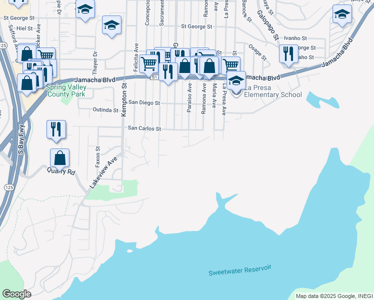 map of restaurants, bars, coffee shops, grocery stores, and more near 9421 Avenida Acero in Spring Valley