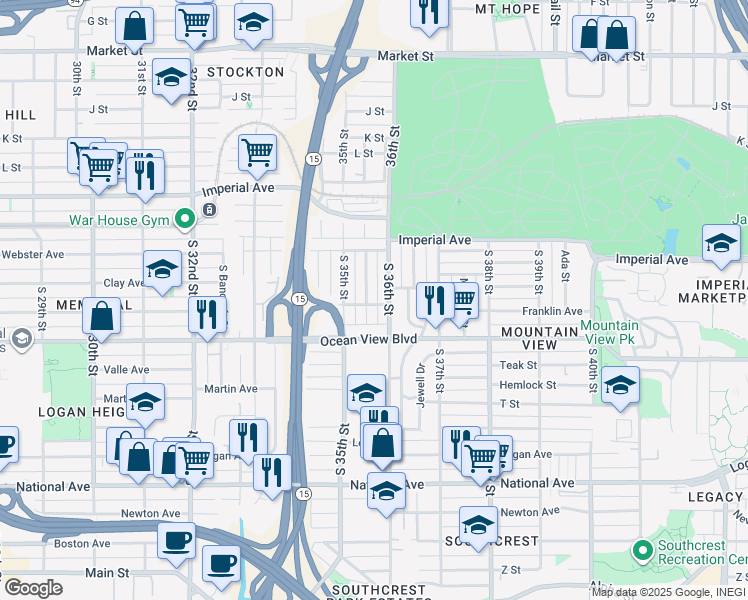 map of restaurants, bars, coffee shops, grocery stores, and more near 328 South 36th Street in San Diego