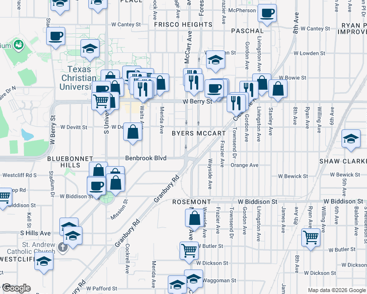 map of restaurants, bars, coffee shops, grocery stores, and more near 3240 McCart Avenue in Fort Worth