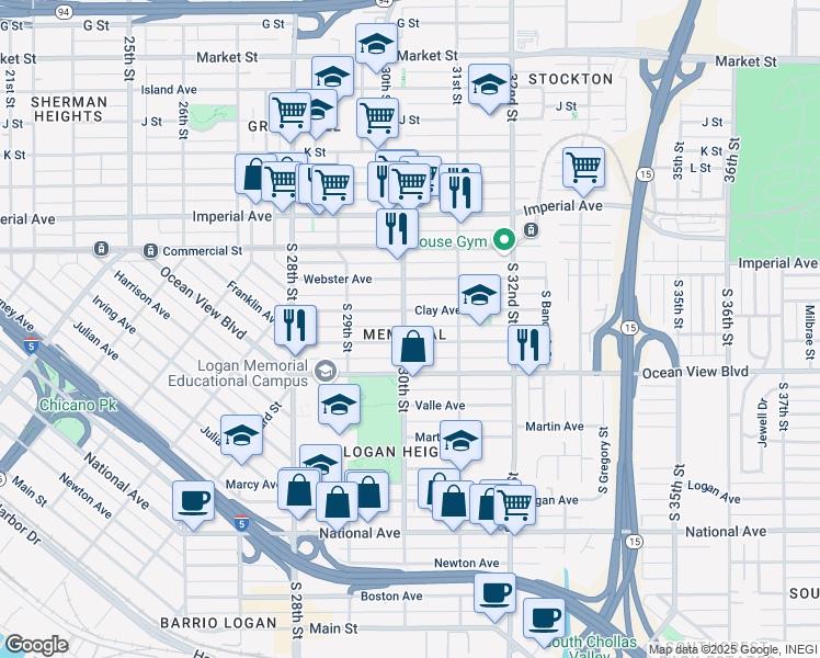 map of restaurants, bars, coffee shops, grocery stores, and more near 3021 Clay Avenue in San Diego