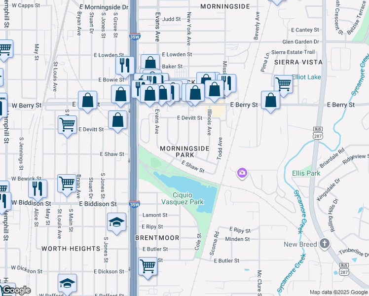 map of restaurants, bars, coffee shops, grocery stores, and more near 3245 New York Avenue in Fort Worth