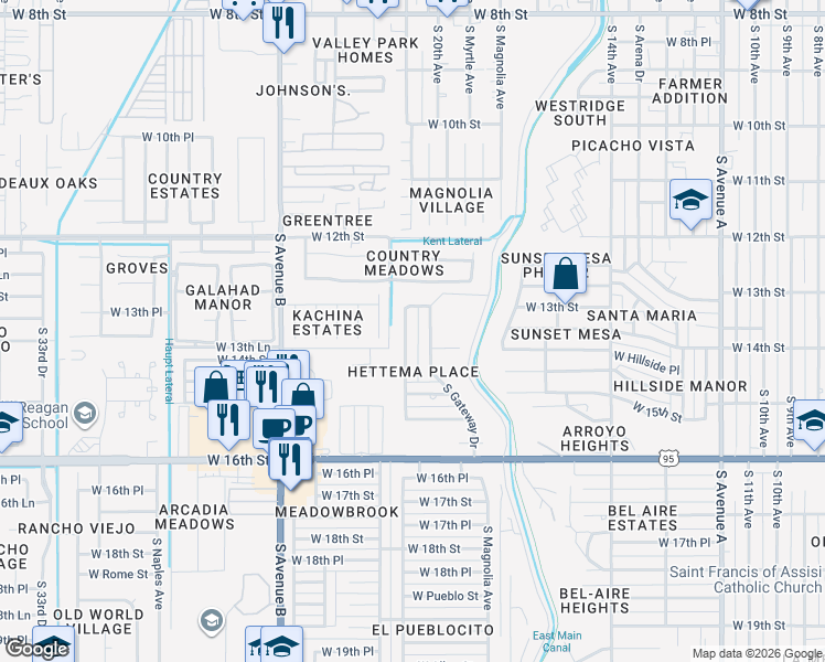 map of restaurants, bars, coffee shops, grocery stores, and more near 1300-1372 S Gateway Dr in Yuma