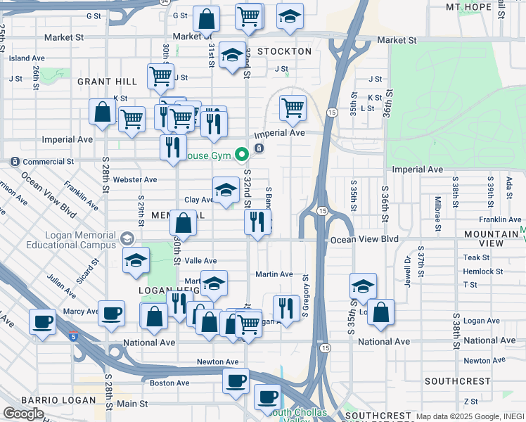 map of restaurants, bars, coffee shops, grocery stores, and more near 3227 Clay Avenue in San Diego