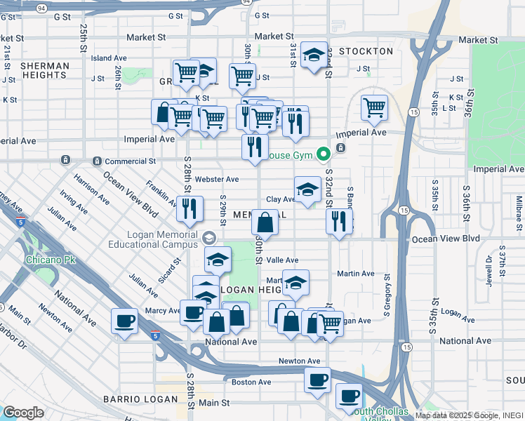 map of restaurants, bars, coffee shops, grocery stores, and more near 3021 Clay Avenue in San Diego