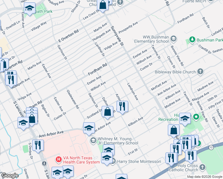 map of restaurants, bars, coffee shops, grocery stores, and more near 4202 Aztec Drive in Dallas
