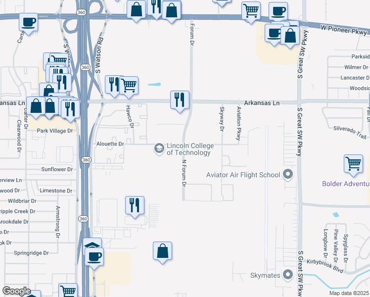 map of restaurants, bars, coffee shops, grocery stores, and more near 2902 Alouette Drive in Grand Prairie
