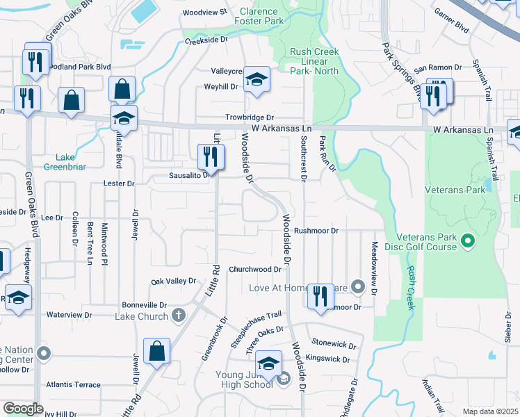 map of restaurants, bars, coffee shops, grocery stores, and more near 2500 Woodside Drive in Arlington