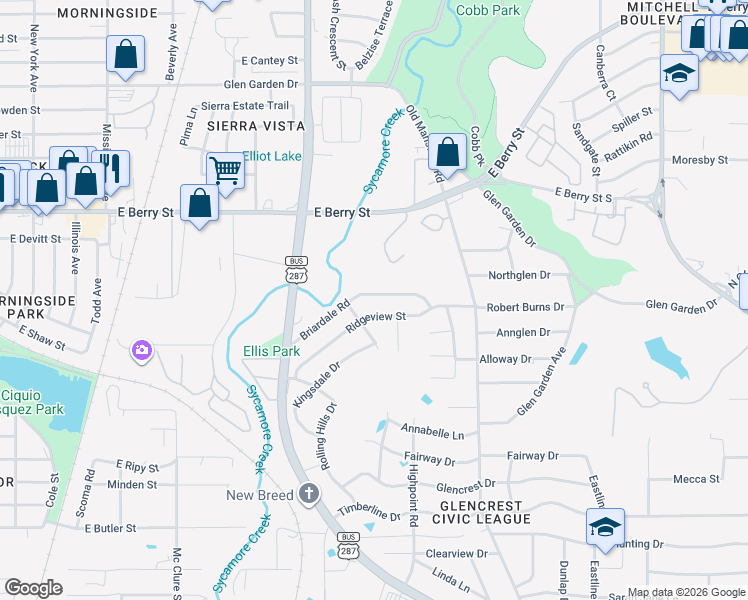 map of restaurants, bars, coffee shops, grocery stores, and more near 2225 Briardale Road in Fort Worth