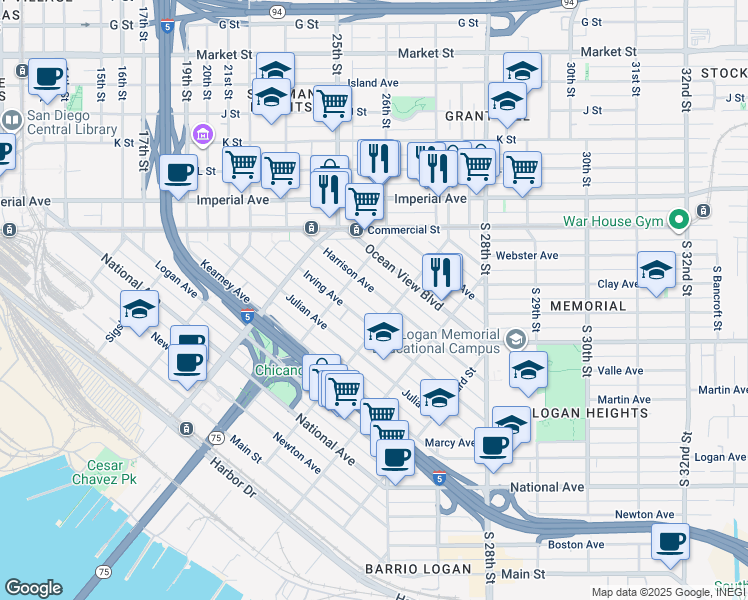 map of restaurants, bars, coffee shops, grocery stores, and more near 2068 Harrison Avenue in San Diego