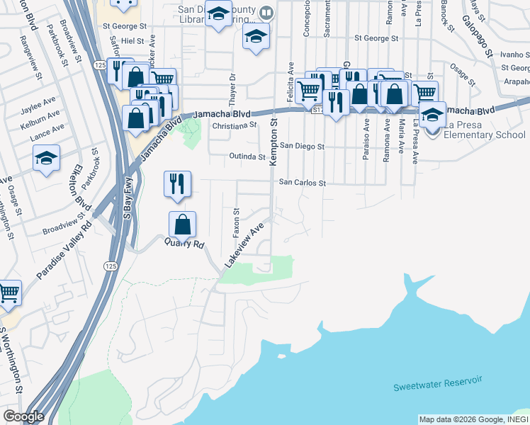 map of restaurants, bars, coffee shops, grocery stores, and more near 9124 Cambon Court in Spring Valley