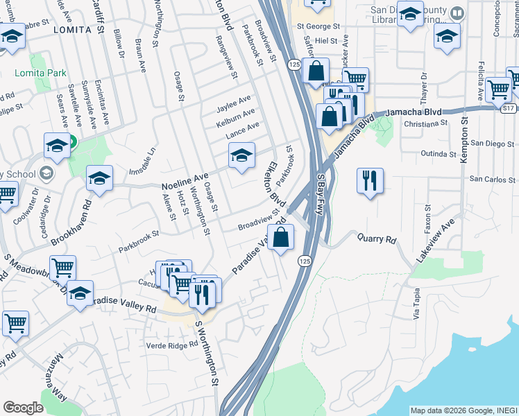 map of restaurants, bars, coffee shops, grocery stores, and more near 463 Parkbrook Street in Spring Valley