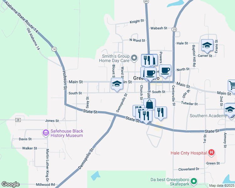 map of restaurants, bars, coffee shops, grocery stores, and more near 1801 South Street in Greensboro