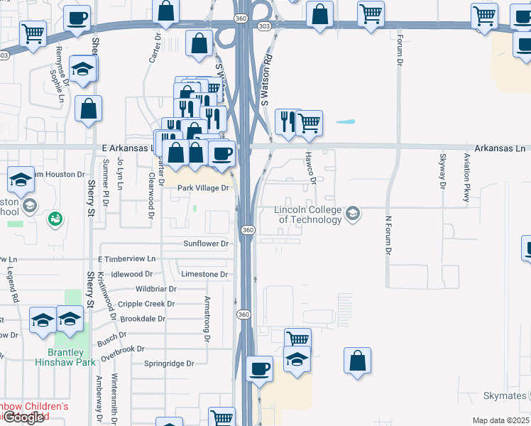 map of restaurants, bars, coffee shops, grocery stores, and more near 2955 Alouette Drive in Grand Prairie