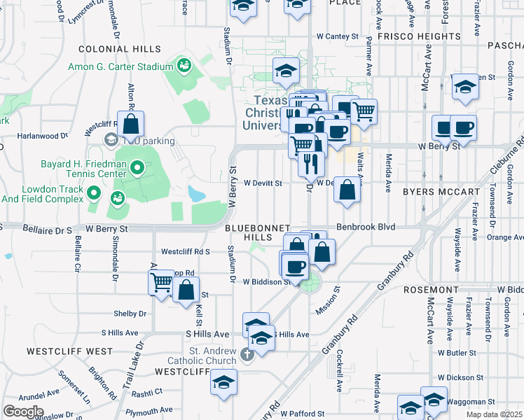 map of restaurants, bars, coffee shops, grocery stores, and more near 3237 Odessa Avenue in Fort Worth