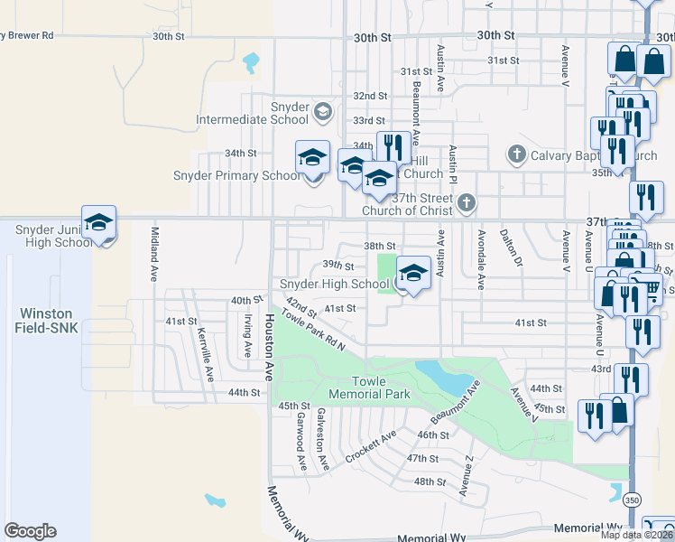 map of restaurants, bars, coffee shops, grocery stores, and more near 3100 39th Street in Snyder