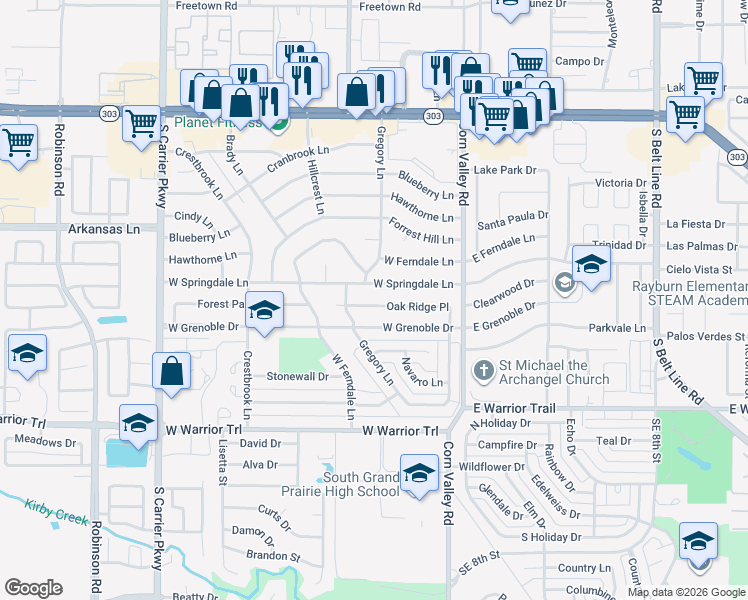 map of restaurants, bars, coffee shops, grocery stores, and more near 438 Oak Ridge Place in Grand Prairie