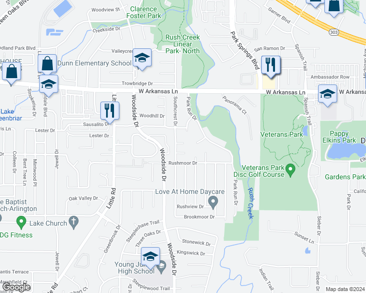 map of restaurants, bars, coffee shops, grocery stores, and more near 4104 Crestover Court in Arlington