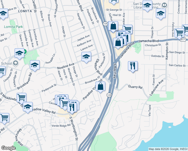 map of restaurants, bars, coffee shops, grocery stores, and more near 454 Parkbrook Street in Spring Valley