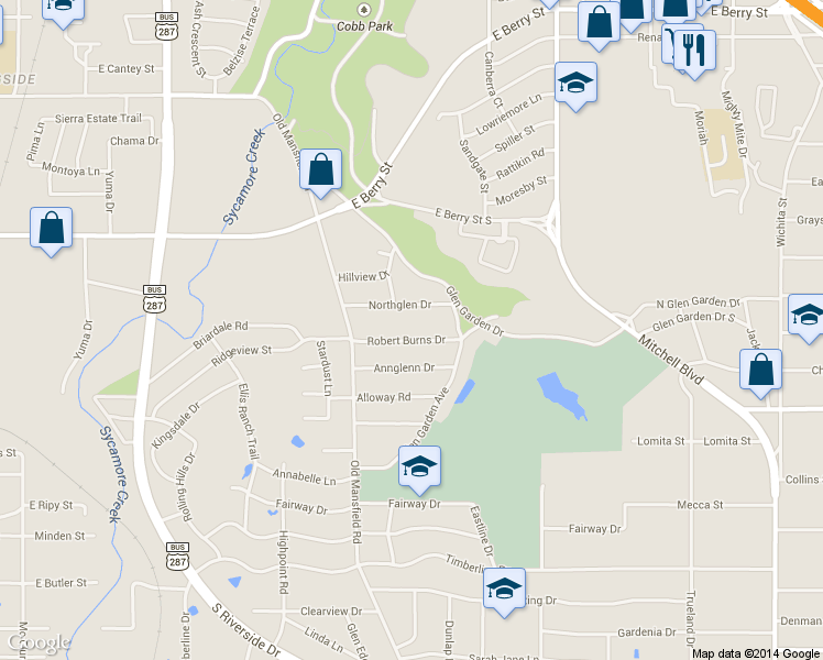 map of restaurants, bars, coffee shops, grocery stores, and more near 2425 Robert Burns Dr in Fort Worth
