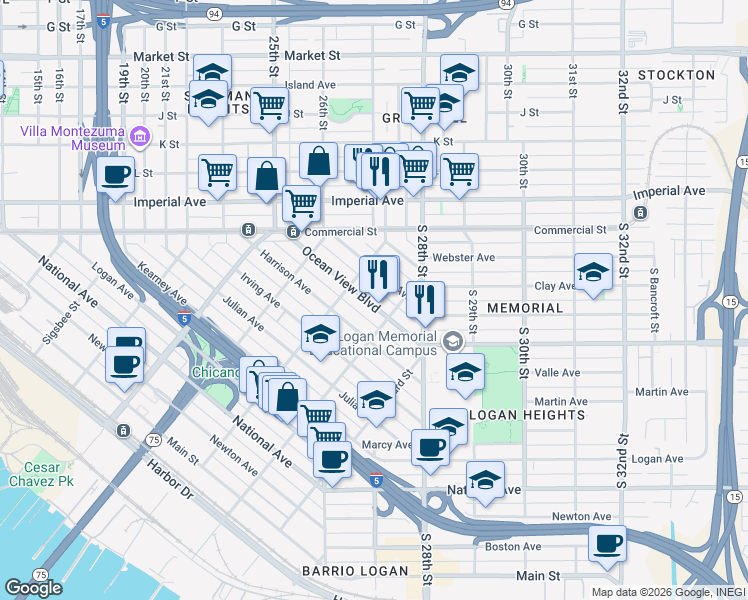 map of restaurants, bars, coffee shops, grocery stores, and more near 2156 Ocean View Boulevard in San Diego