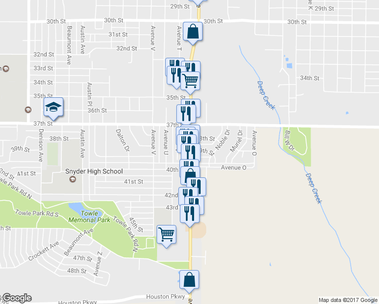 map of restaurants, bars, coffee shops, grocery stores, and more near 3708 Avenue T in Snyder