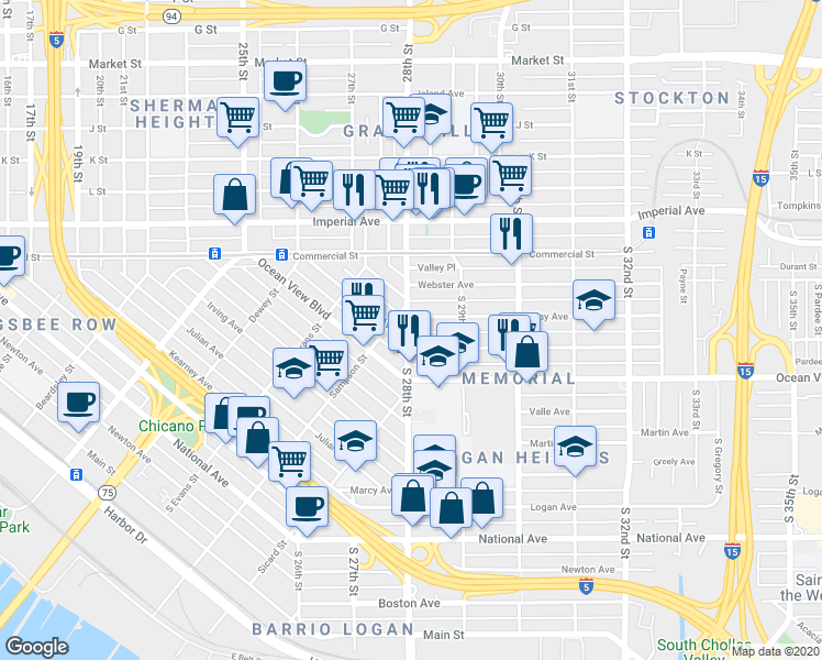 map of restaurants, bars, coffee shops, grocery stores, and more near 2815 Clay Avenue in San Diego