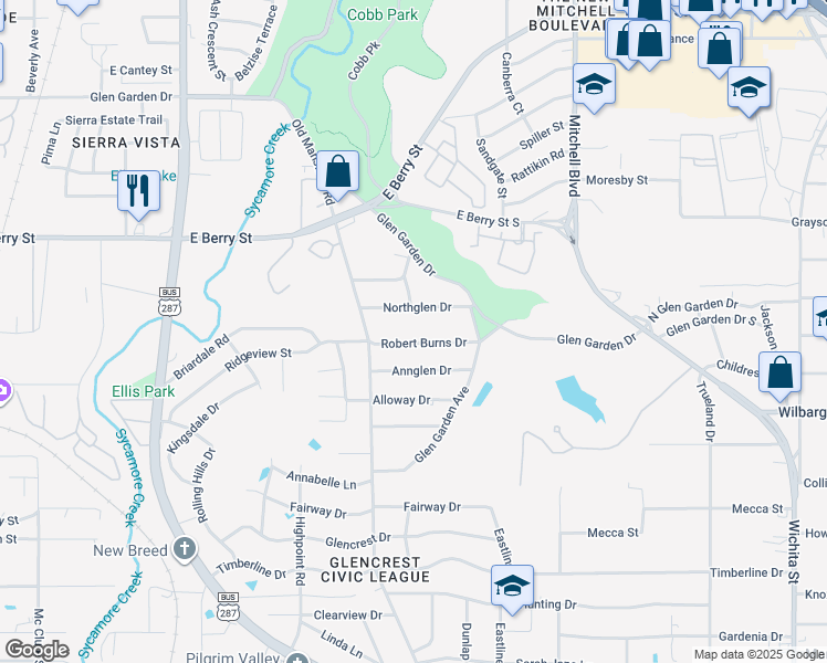 map of restaurants, bars, coffee shops, grocery stores, and more near 2425 Robert Burns Drive in Fort Worth