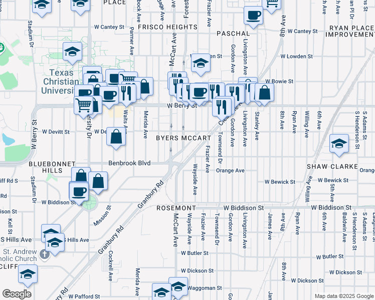 map of restaurants, bars, coffee shops, grocery stores, and more near 2329 Benbrook Boulevard in Fort Worth