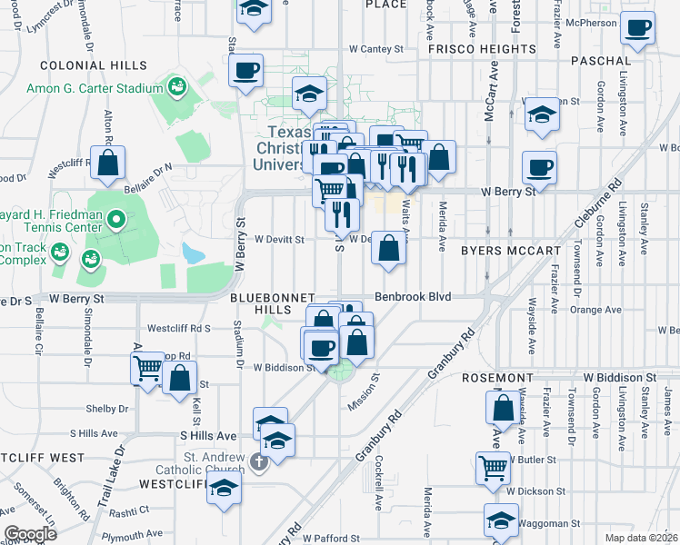 map of restaurants, bars, coffee shops, grocery stores, and more near 3228 South University Drive in Fort Worth