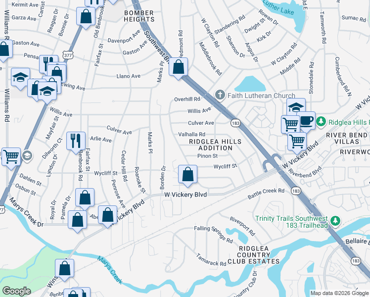 map of restaurants, bars, coffee shops, grocery stores, and more near 7033 Treehaven Road in Fort Worth